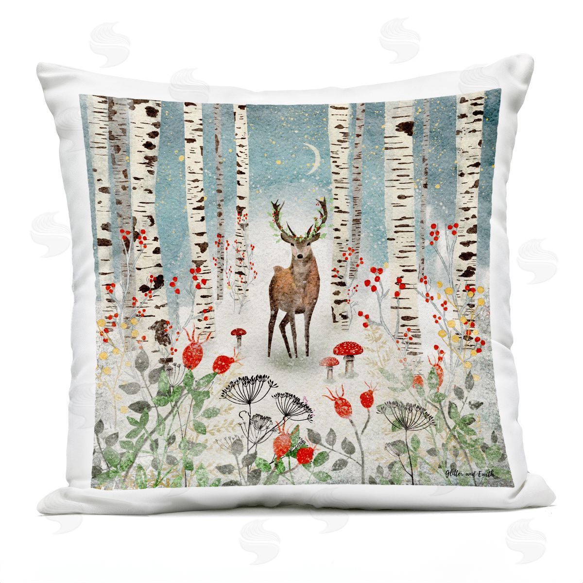 Layered Woodland Birch Deer Outdoor Printed Pillow, Home Decor by Jacqueline Wild