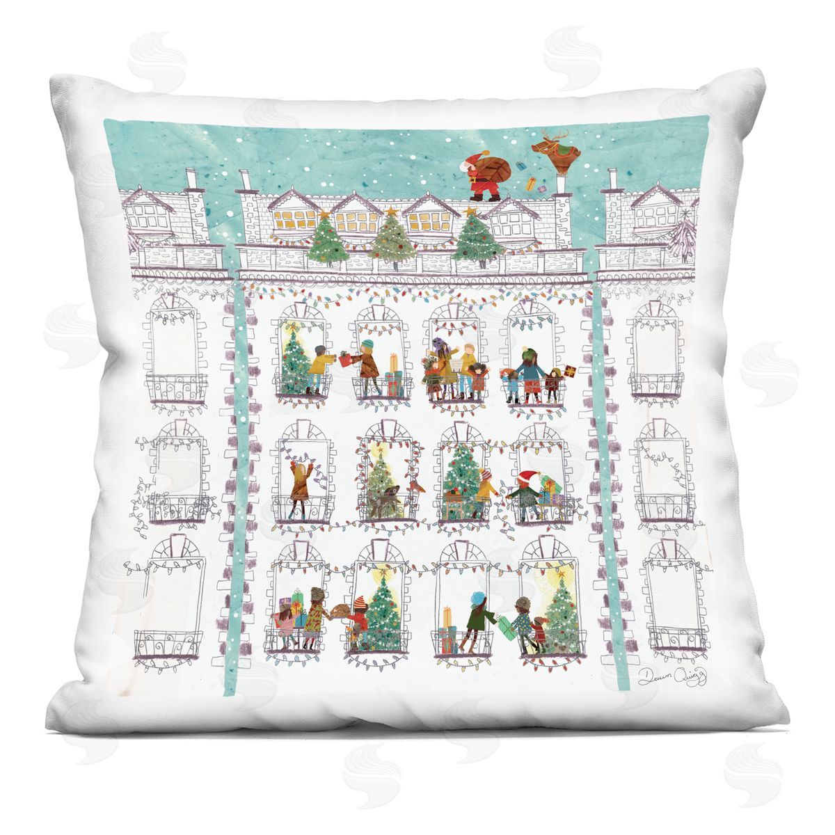 Rooftop Santa Claus Urban Town Decorative Printed Pillow, Home Decor by Dawn Quigg