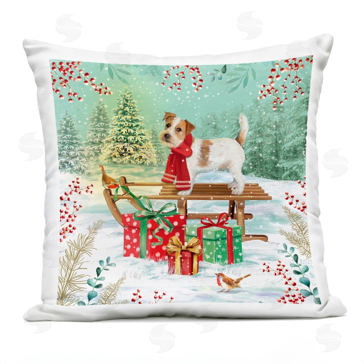 Festive Puppy Gift Sleigh Outdoor Printed Pillow, Home Decor by Jane Sunner