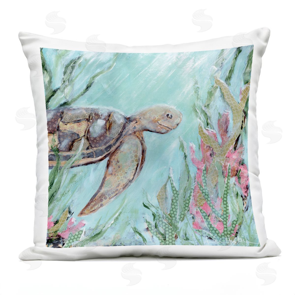 Underwater Turtle Seaweed Swimming Outdoor Printed Pillow, Home Decor by Amanda Hillburn