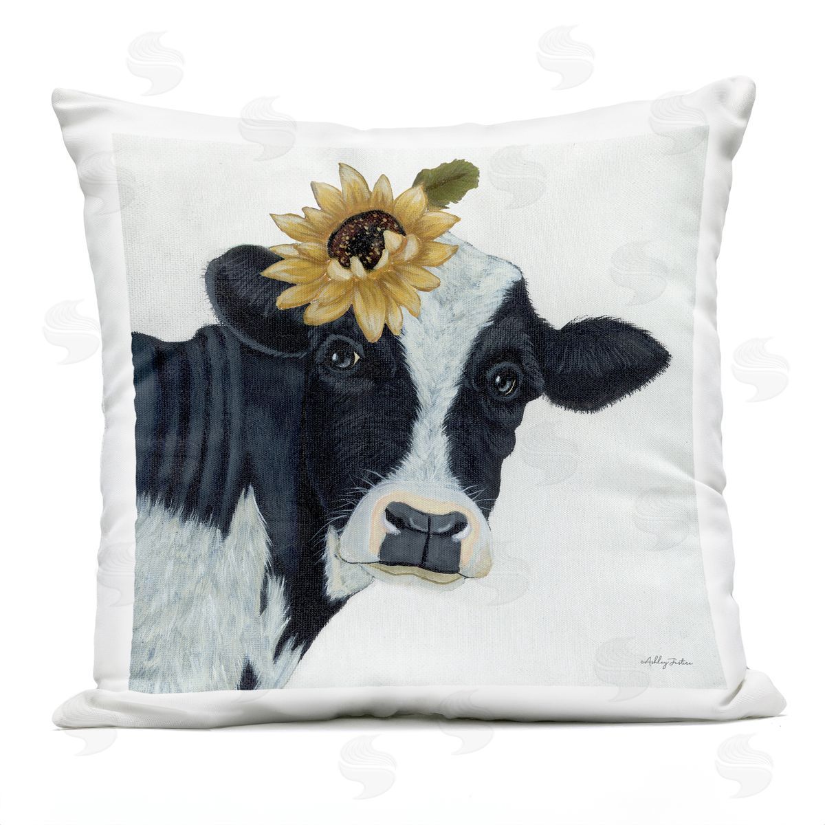 Country Cow Sunflower Blossom Outdoor Printed Pillow, Home Decor by Ashley Justice