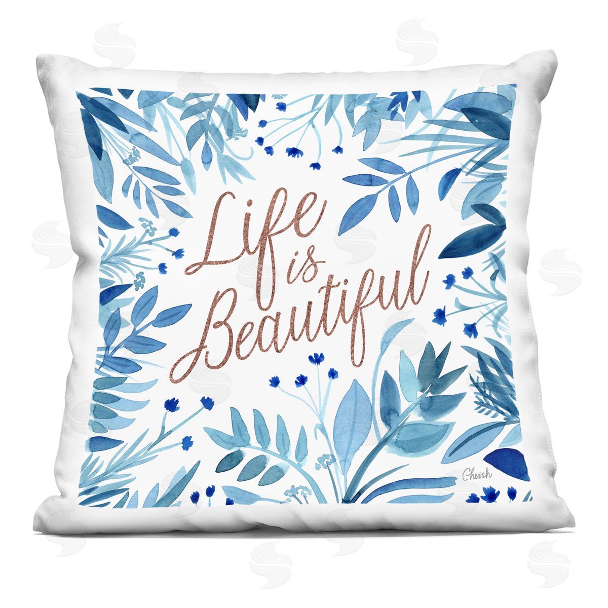 Life Is Beautiful Blue Botanicals Decorative Printed Pillow, Home Decor by Cherish Flieder