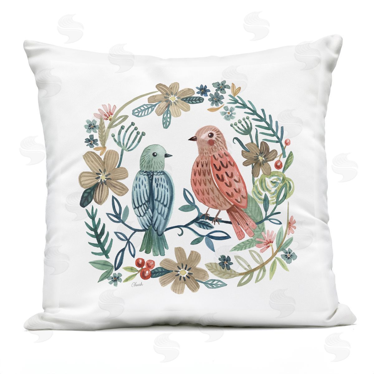Wildlife Birds Botanical Wreath Outdoor Printed Pillow, Home Decor by Cherish Flieder