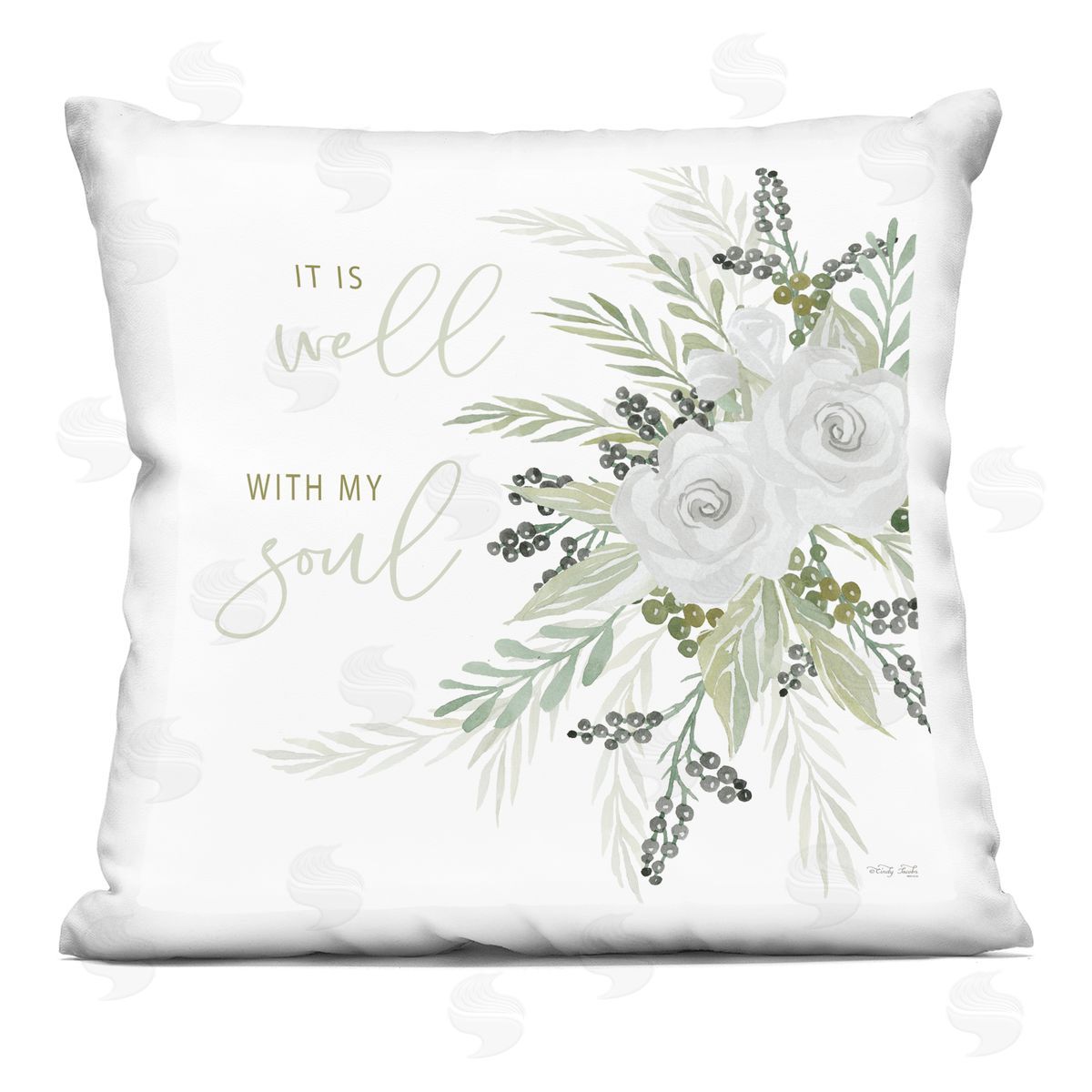 It Is Well With My Soul Green Florals Decorative Printed Pillow, Home Decor by Cindy Jacobs