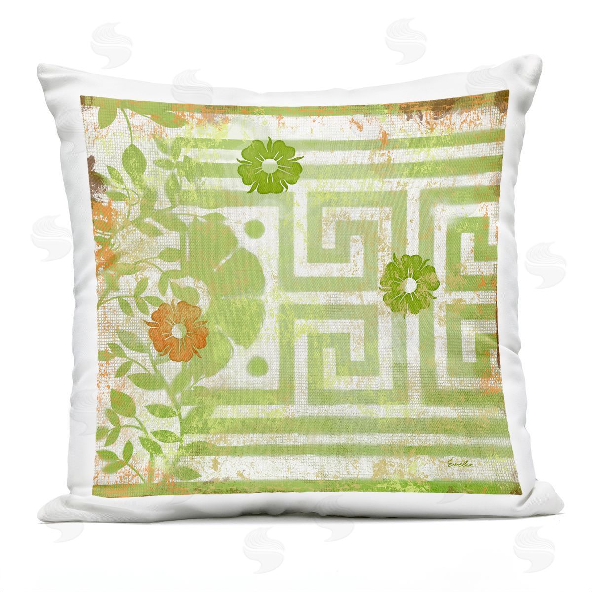 Floral Rustic Green Greek Key Outdoor Printed Pillow, Home Decor by Evelia Designs