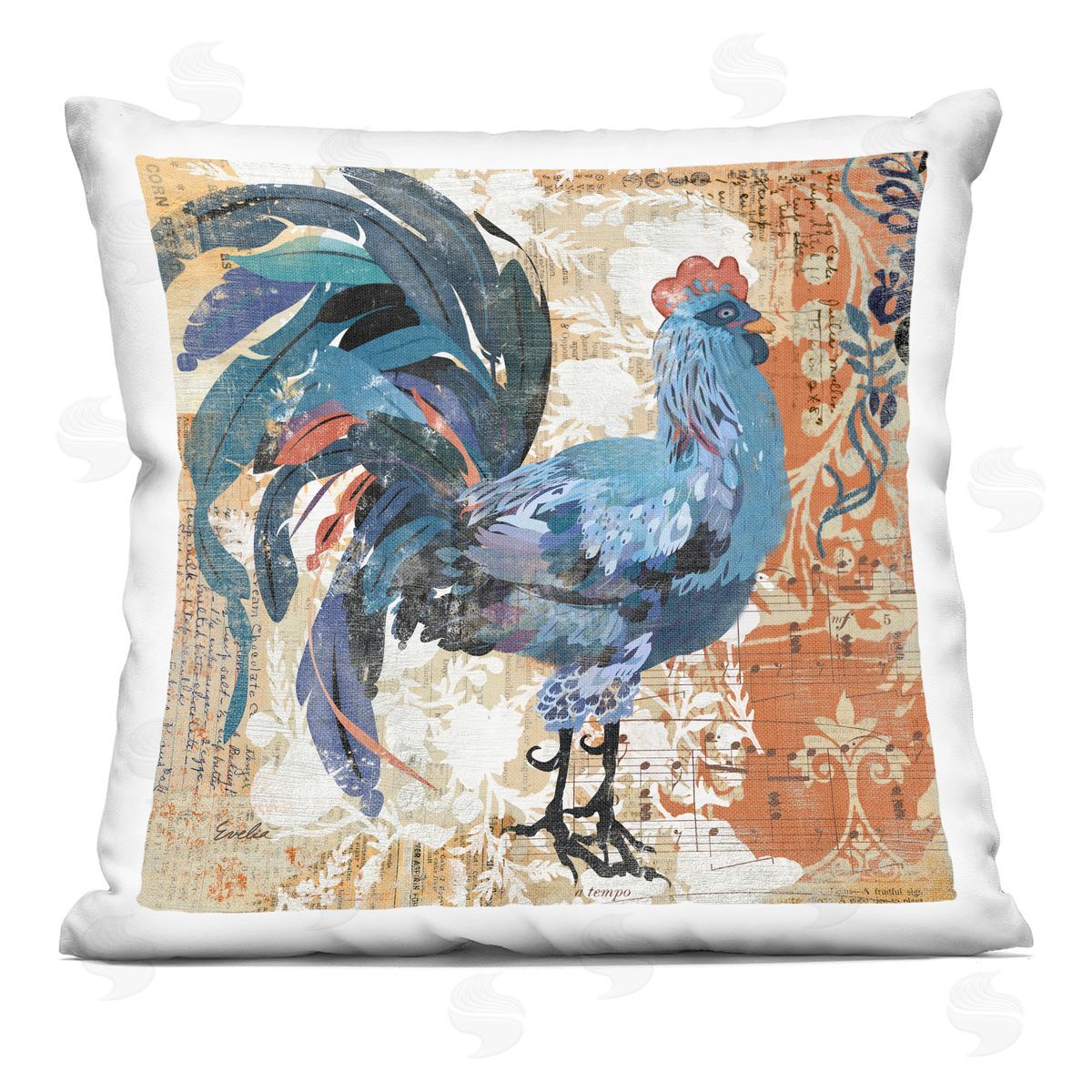 Layered Paisley Pattern Rooster Decorative Printed Pillow, Home Decor by Evelia Designs
