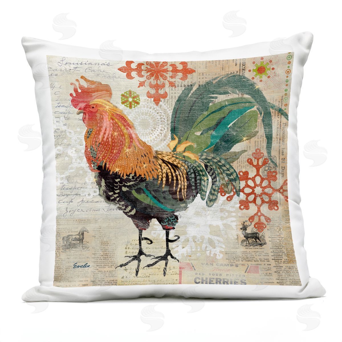 Vintage Country Rooster Ephemera Outdoor Printed Pillow, Home Decor by Evelia Designs