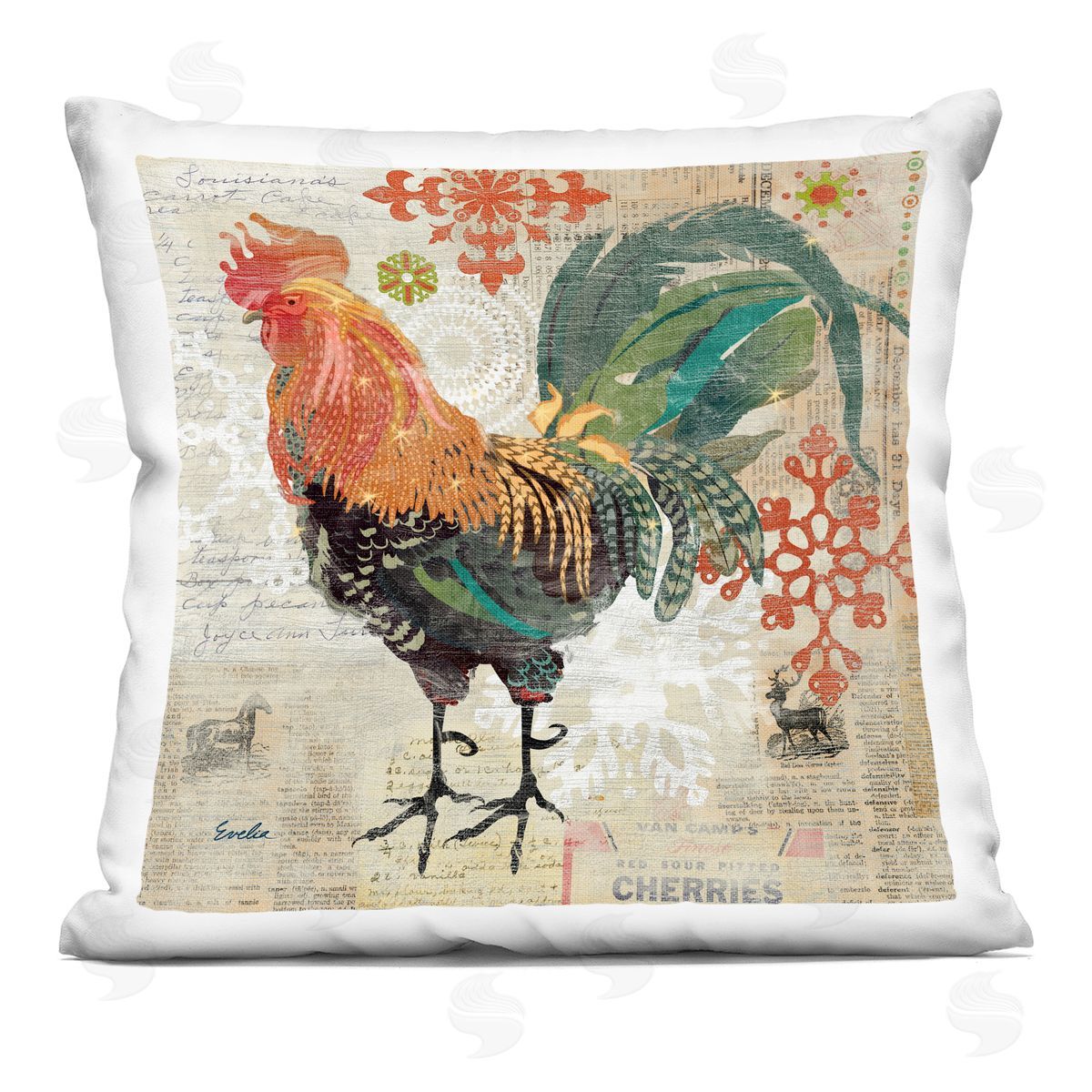Vintage Country Rooster Ephemera Decorative Printed Pillow, Home Decor by Evelia Designs