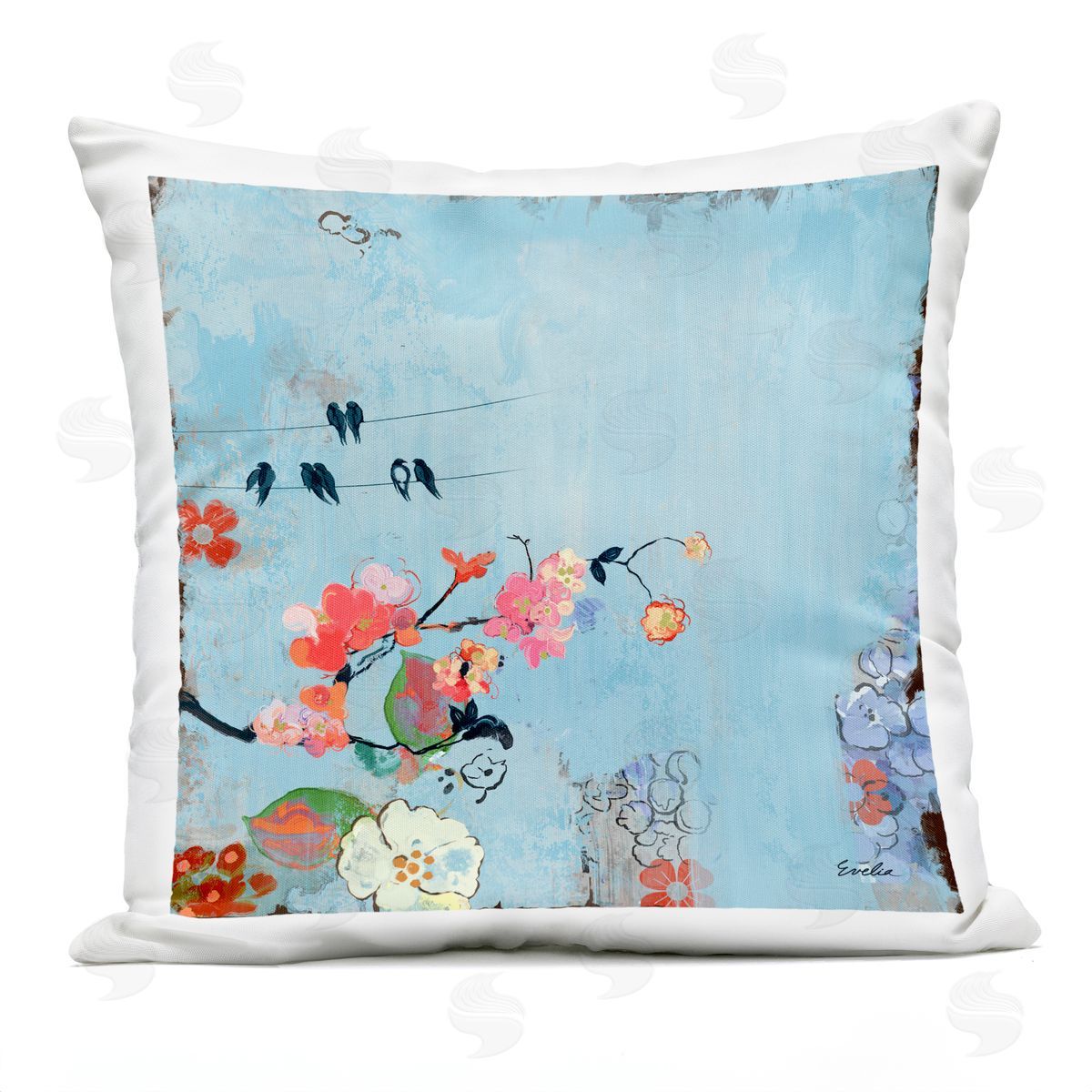 Contemporary Blue Floral Nature View Outdoor Printed Pillow, Home Decor by Evelia Designs