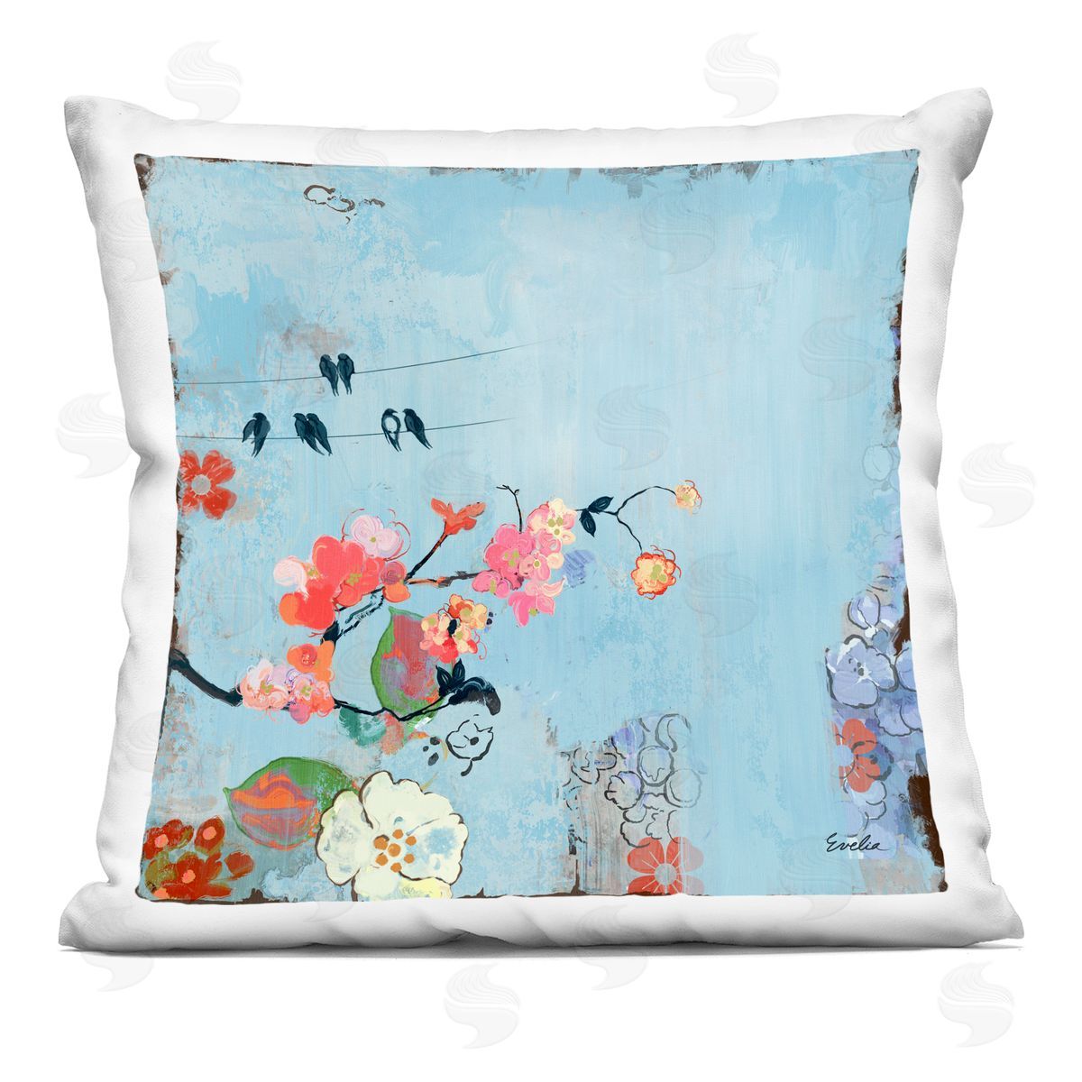 Contemporary Blue Floral Nature View Decorative Printed Pillow, Home Decor by Evelia Designs