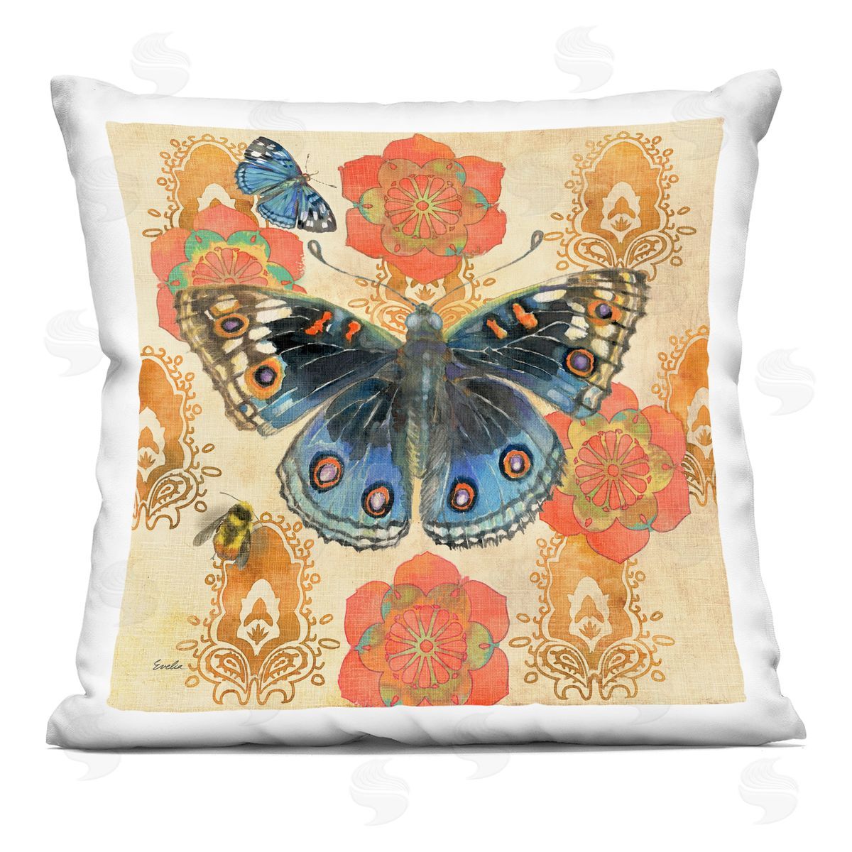 Orange Bohemian Butterfly Decorative Printed Pillow, Home Decor by Evelia Designs