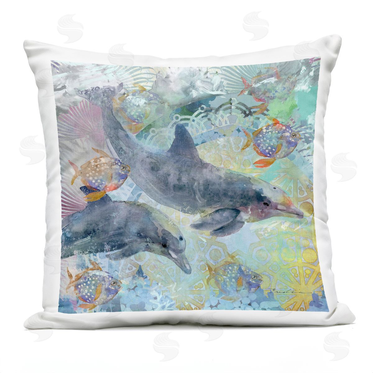Patterned Swimming Aquatic Dolphins Outdoor Printed Pillow, Home Decor by Evelia Designs
