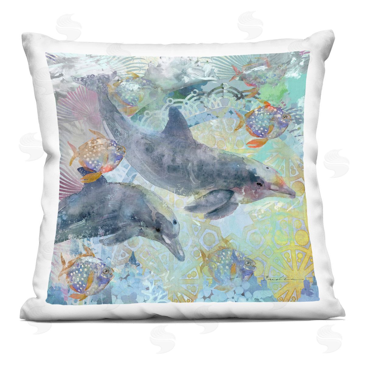 Patterned Swimming Aquatic Dolphins Decorative Printed Pillow, Home Decor by Evelia Designs