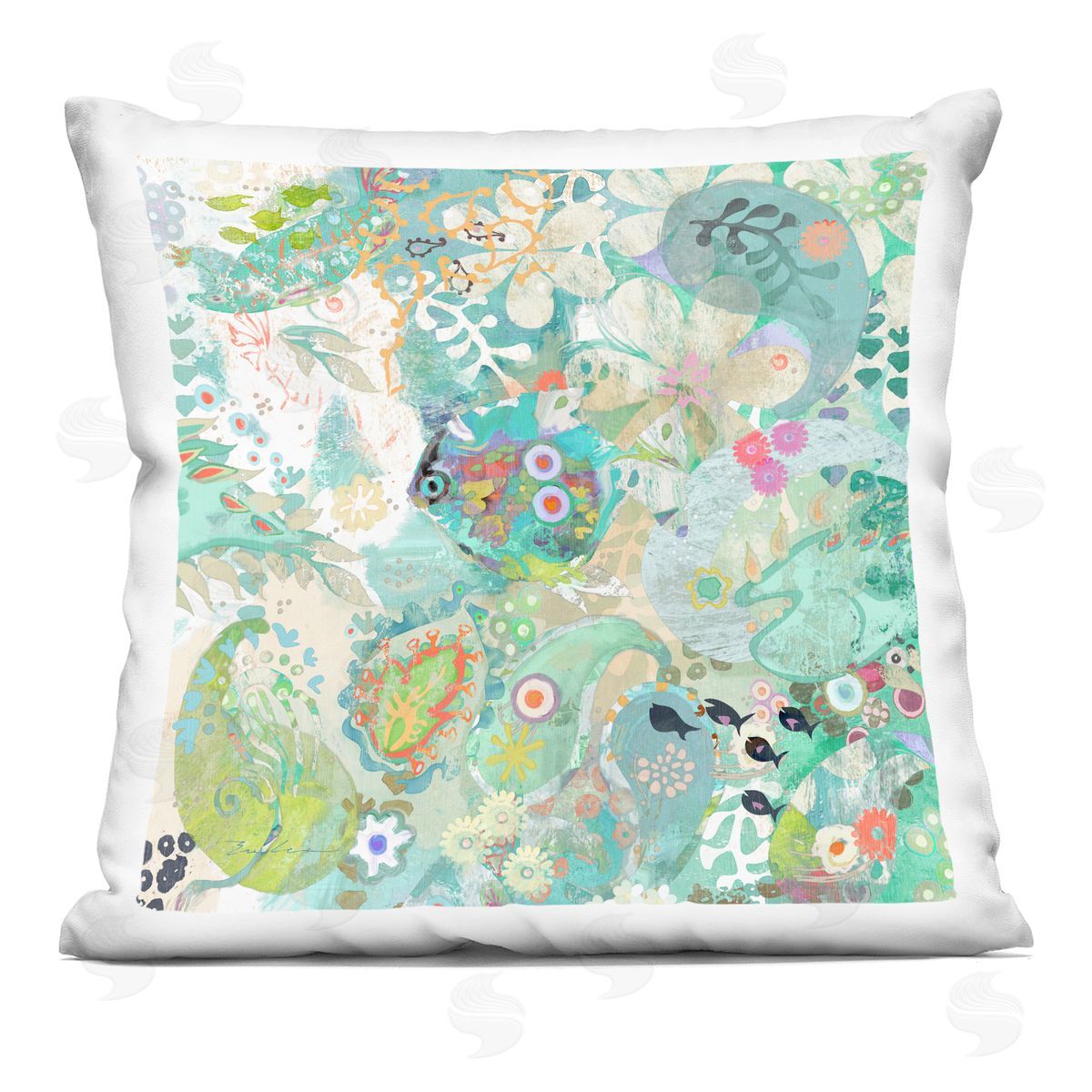 Sea Life Paisley Turquoise Collage Decorative Printed Pillow, Home Decor by Evelia Designs