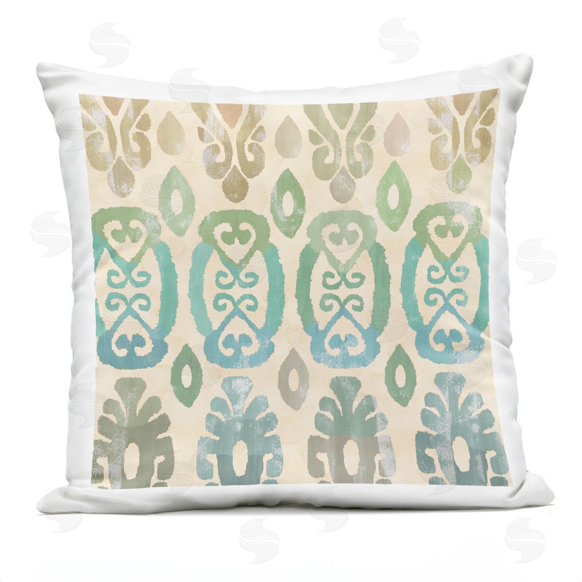 Boho Teal Geometric Ikat Outdoor Printed Pillow, Home Decor by Flora Kouta