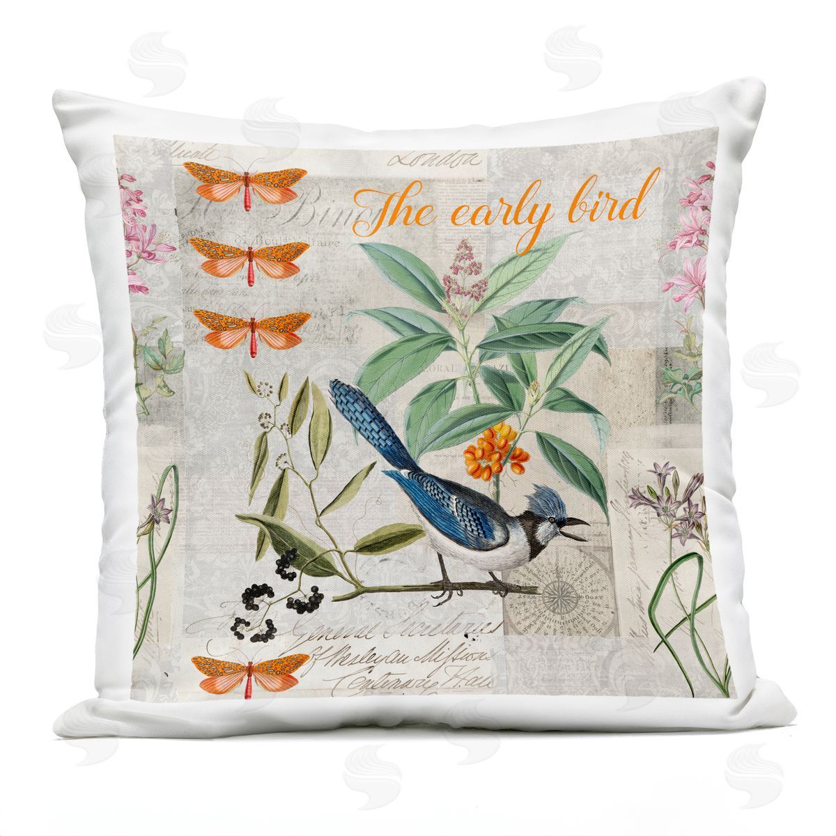 The Early Bird Woodland Collage Outdoor Printed Pillow, Home Decor by Andrea Haase