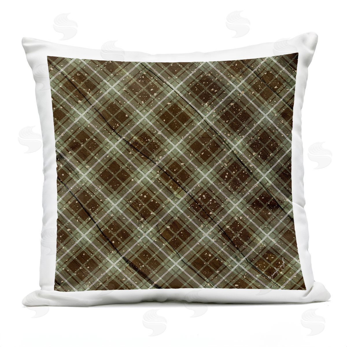 Warm Brown Green Plaid Pattern Outdoor Printed Pillow, Home Decor by Jennifer Pugh