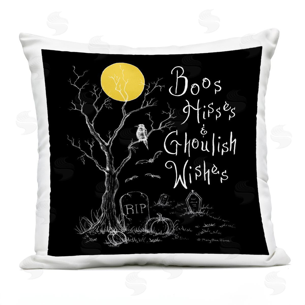 Boos Hisses Ghoulish Wishes Halloween Outdoor Printed Pillow, Home Decor by Mary Ann June