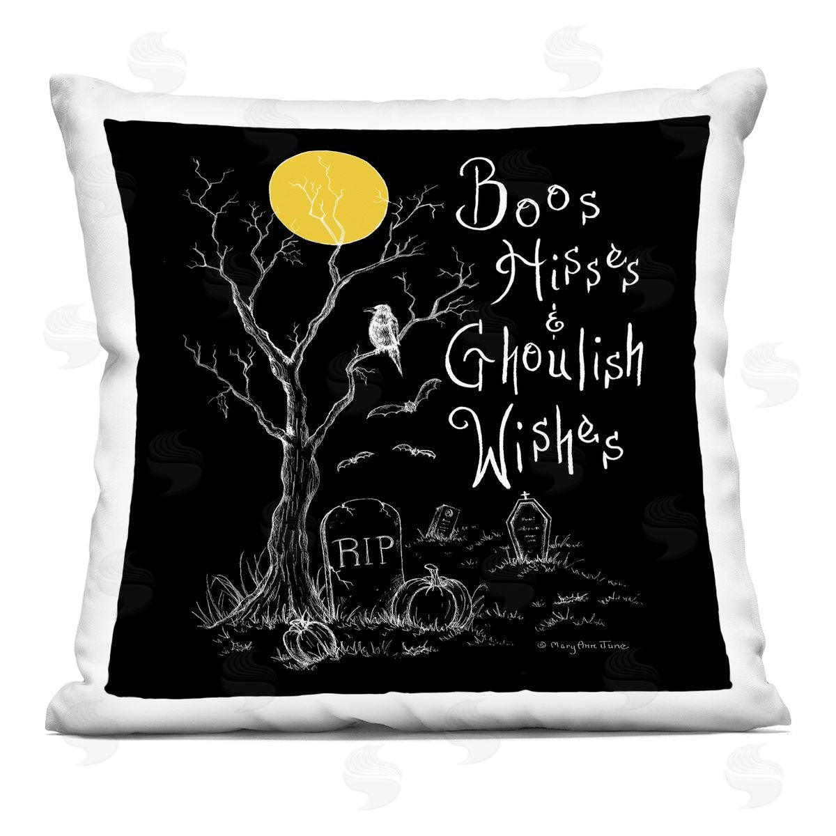 Boos Hisses Ghoulish Wishes Halloween Decorative Printed Pillow, Home Decor by Mary Ann June