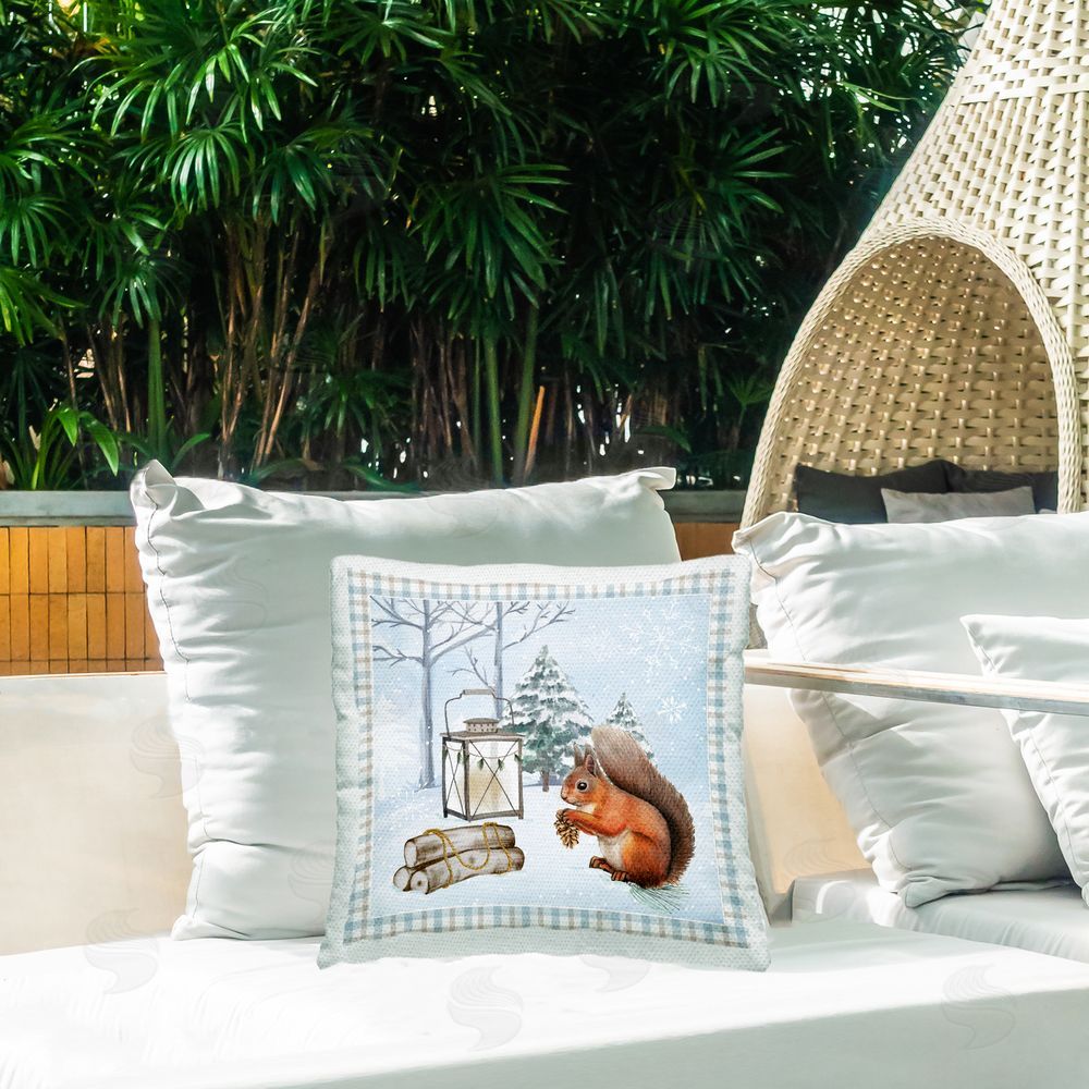 Nicole DeCamp Woodland Squirrel Winter Snowflakes Outdoor Quick-Dry Polyester Printed Throw Pillow in Back Yard