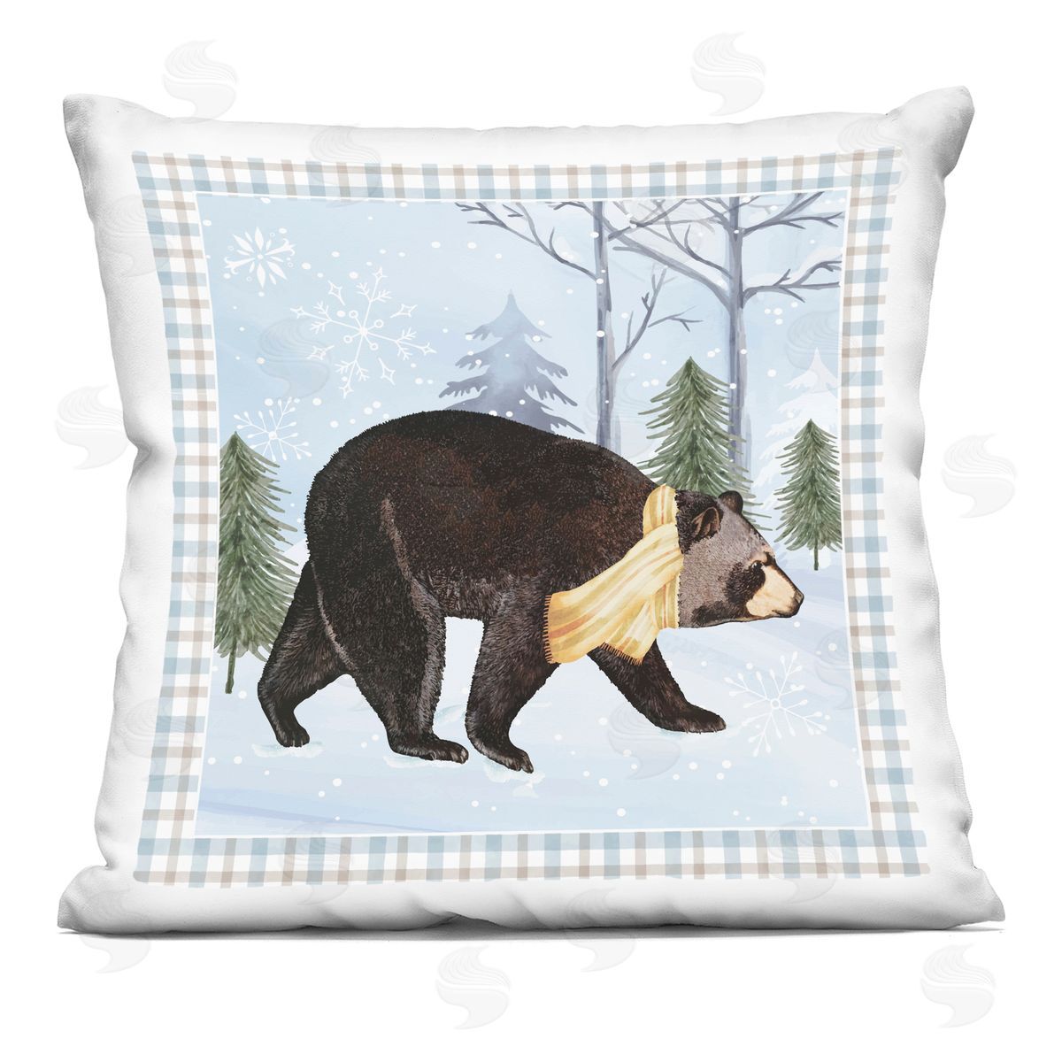 Nicole DeCamp Snowy Bear Blue Tartan Border Printed Plush Polyester Throw Pillow