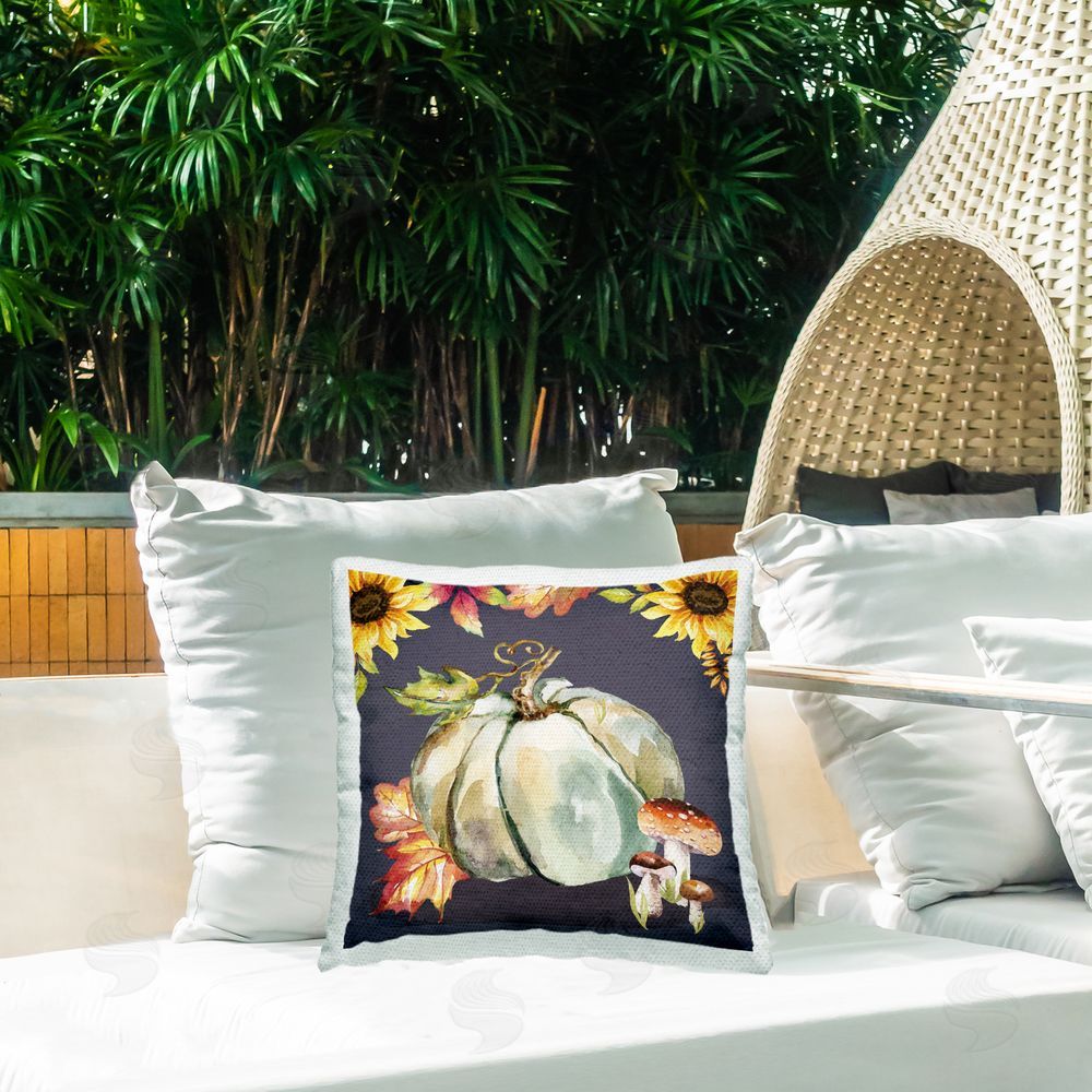 Nicole DeCamp Autumnal Sunflowers Woodland Mushrooms Outdoor Quick-Dry Polyester Printed Throw Pillow in Back Yard