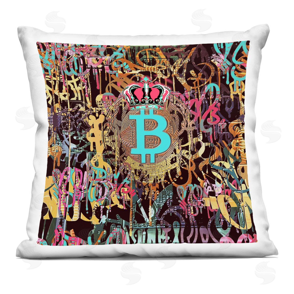 Graffiti Style Bitcoin Crown Decorative Printed Pillow, Home Decor by Irena Orlov