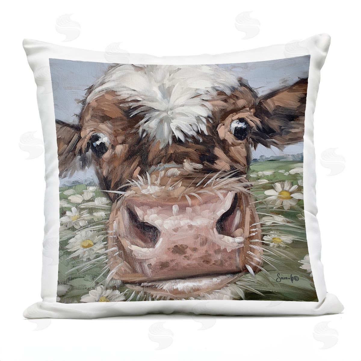 Funny Cow Close Up Meadow Outdoor Printed Pillow, Home Decor by Sara G. Designs