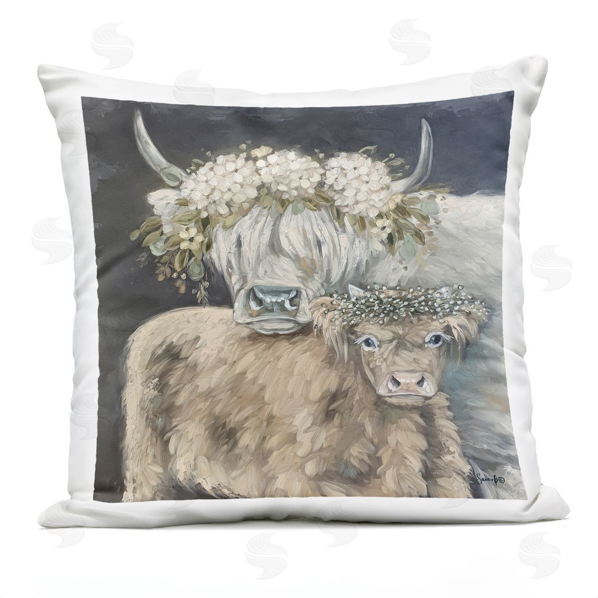 Cuddling Cattle Hydrangea Flowers Outdoor Printed Pillow, Home Decor by Sara G. Designs