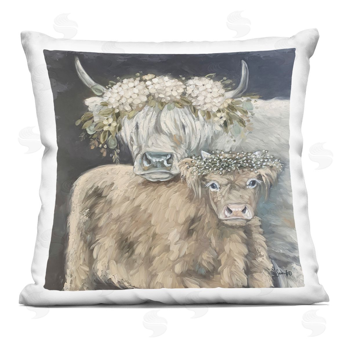 Cuddling Cattle Hydrangea Flowers Decorative Printed Pillow, Home Decor by Sara G. Designs