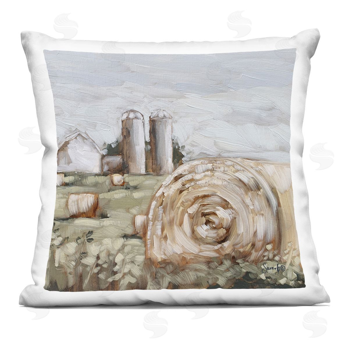 Rural Farm Scene Haystacks Decorative Printed Pillow, Home Decor by Sara G. Designs