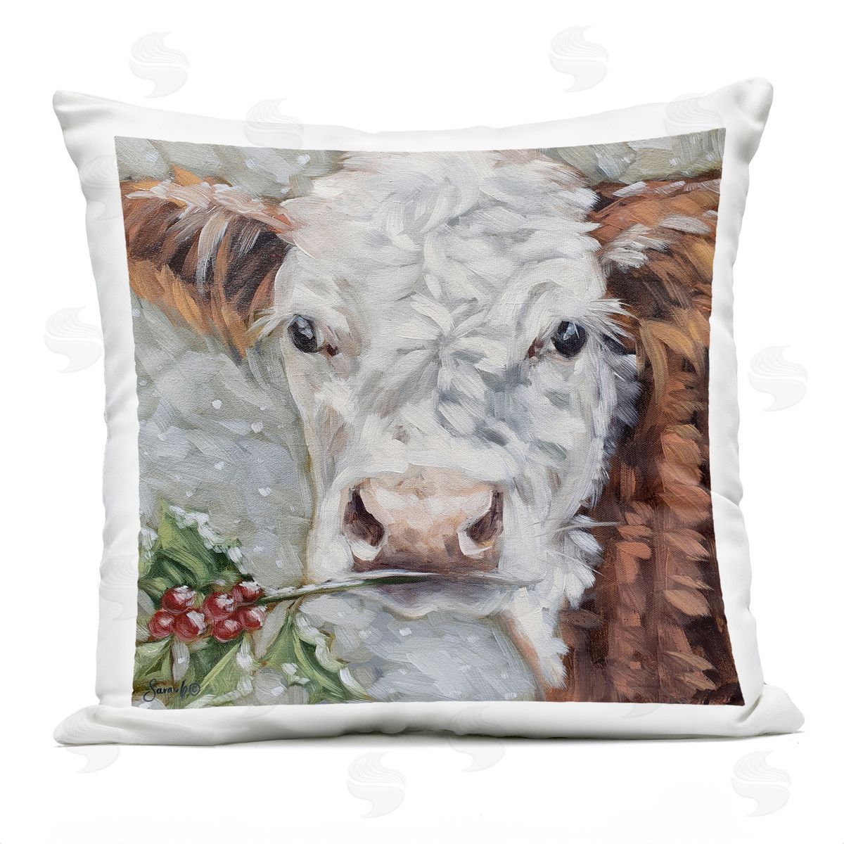 Seasonal Cow Holly Sprig Outdoor Printed Pillow, Home Decor by Sara G. Designs
