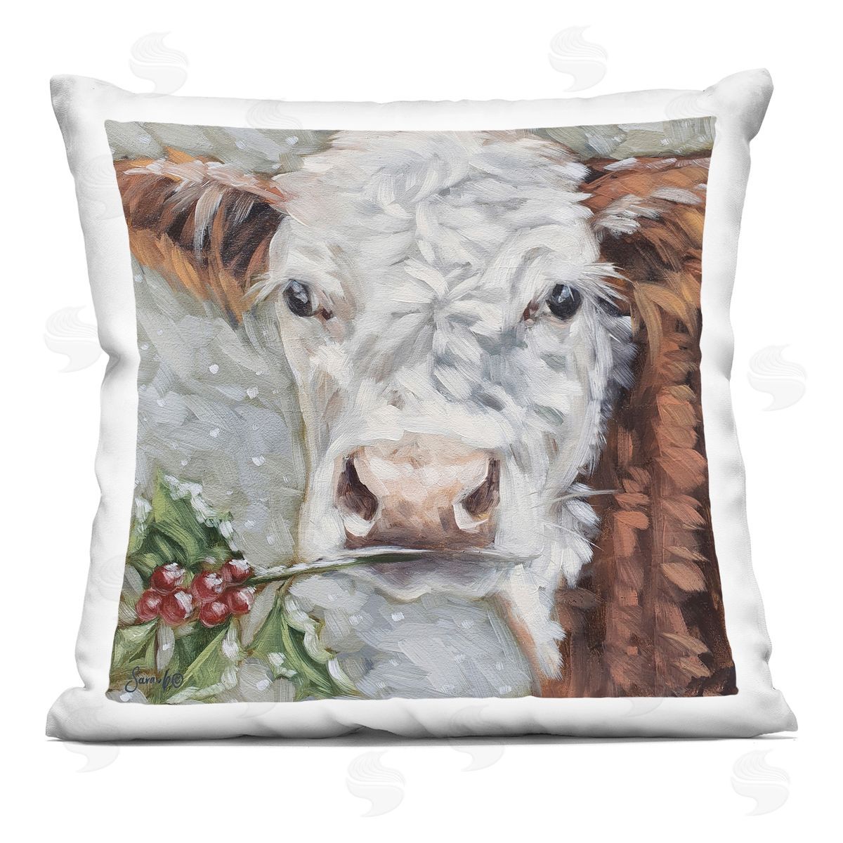 Seasonal Cow Holly Sprig Decorative Printed Pillow, Home Decor by Sara G. Designs