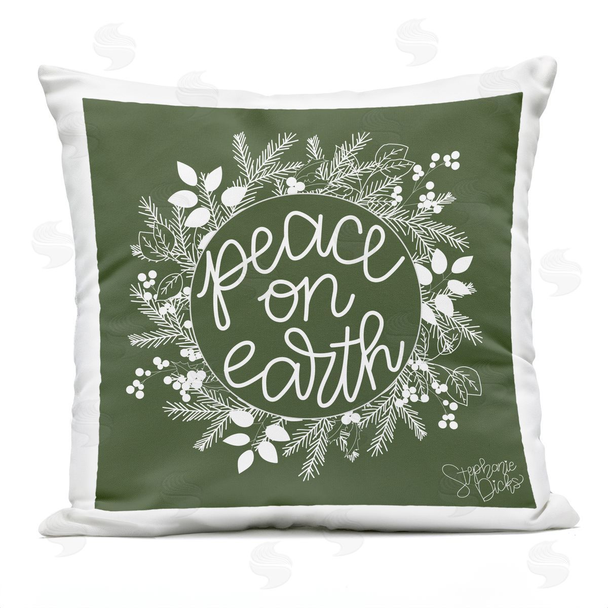 Peace On Earth Pine Wreath Outdoor Printed Pillow, Home Decor by Stephanie Dicks