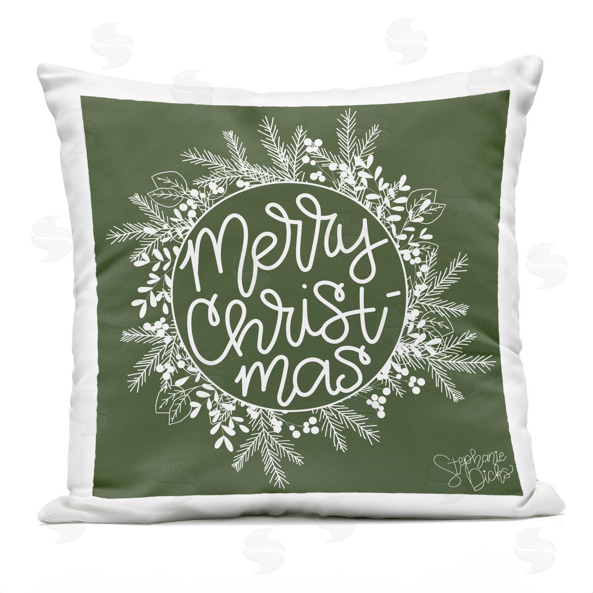 Merry Christmas Holiday Herb Wreath Outdoor Printed Pillow, Home Decor by Stephanie Dicks