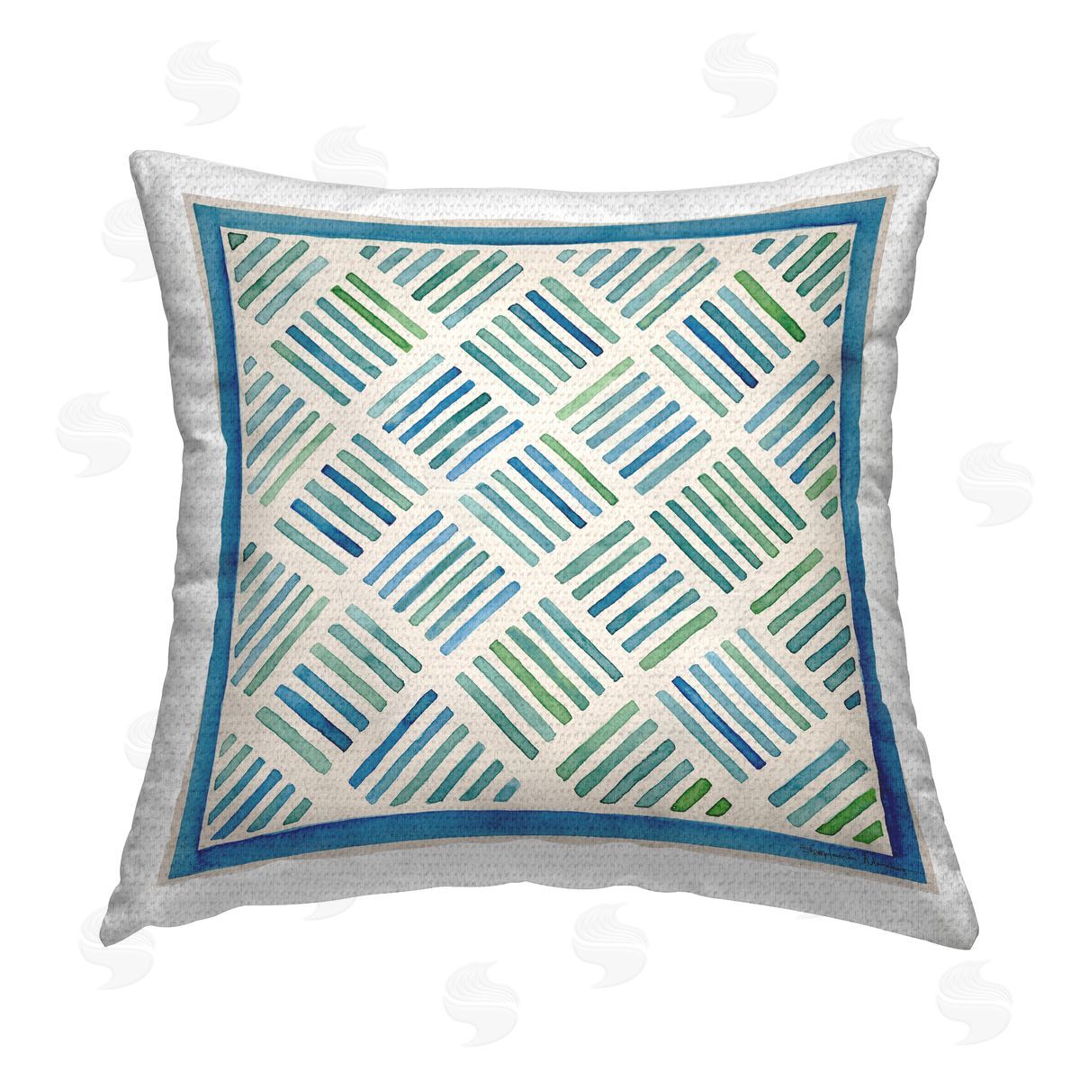 Blue & Green Hatched Stripes Outdoor Printed Pillow, Home Decor by Stephanie Workman Marrott
