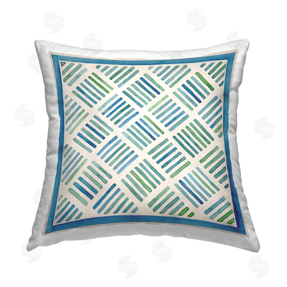 Blue & Green Hatched Stripes Decorative Printed Pillow, Home Decor by Stephanie Workman Marrott