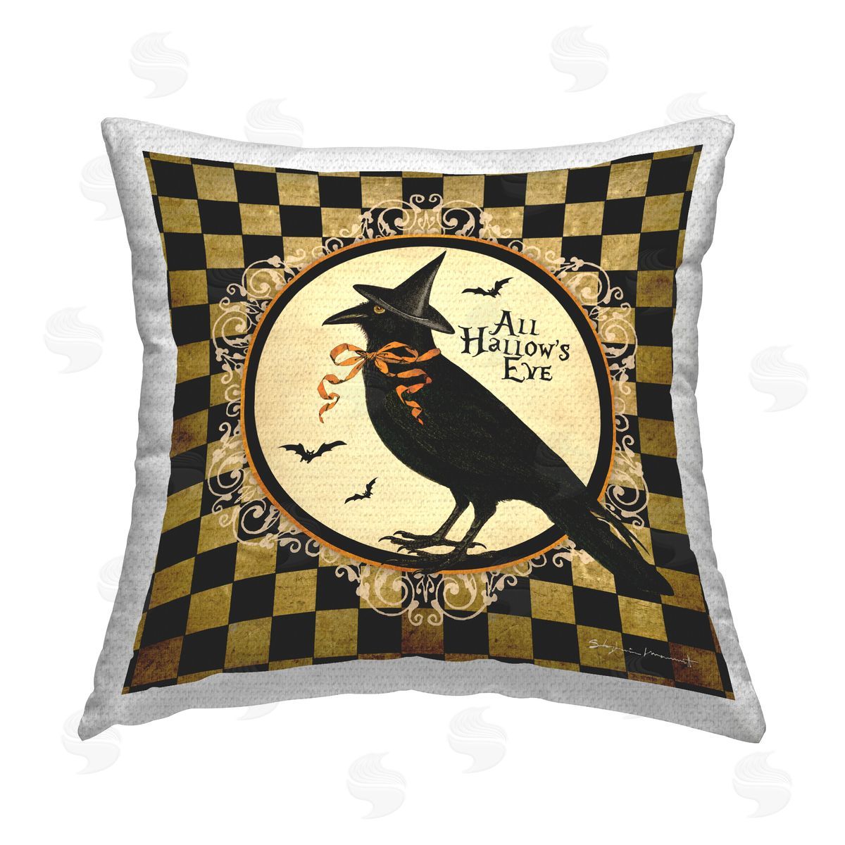 Checkered All Hallow's Eve Crow Outdoor Printed Pillow, Home Decor by Stephanie Workman Marrott