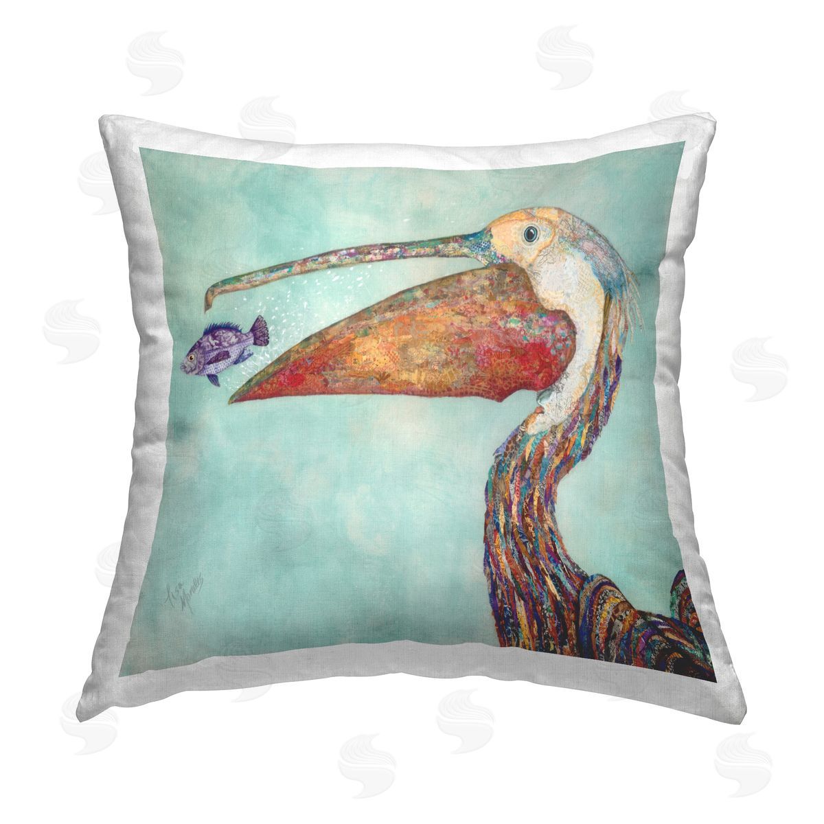 Modern Pelican Fish Sea Life Decorative Printed Pillow, Home Decor by Lisa Morales