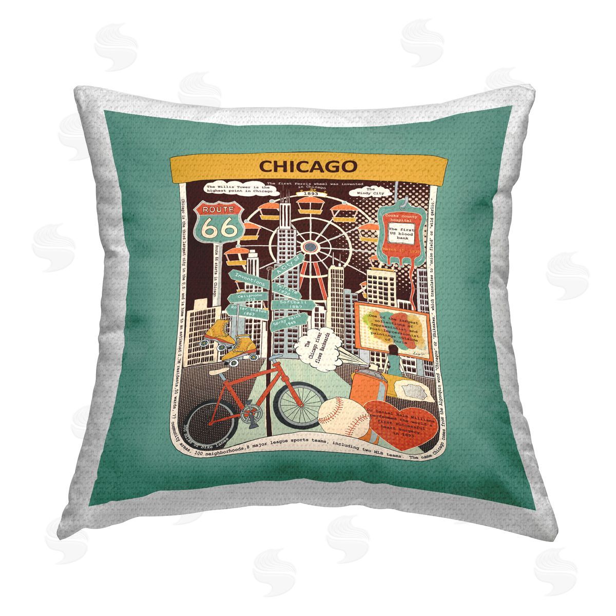 Vintage Chicago Landmarks Outdoor Printed Pillow, Home Decor by Sangita Bachelet