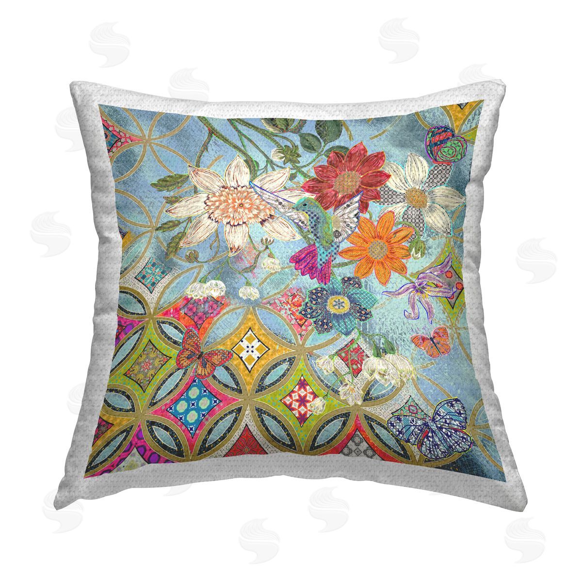 Blue Hummingbird Bold Florals Outdoor Printed Pillow, Home Decor by Sangita Bachelet