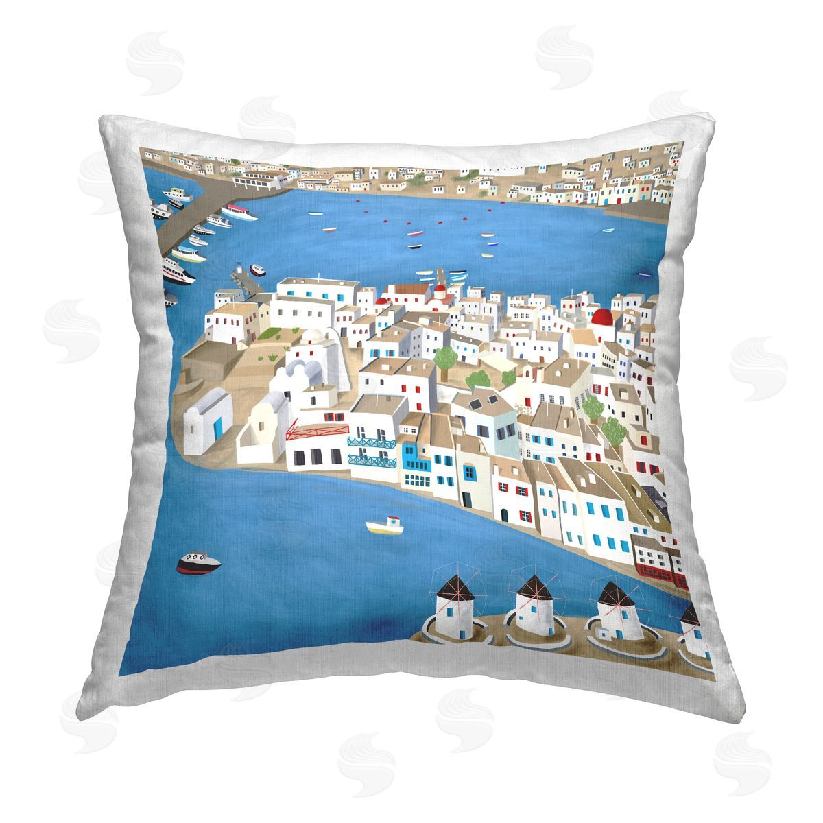 Port Town Harbor City Buildings Decorative Printed Pillow, Home Decor by Carla Daly