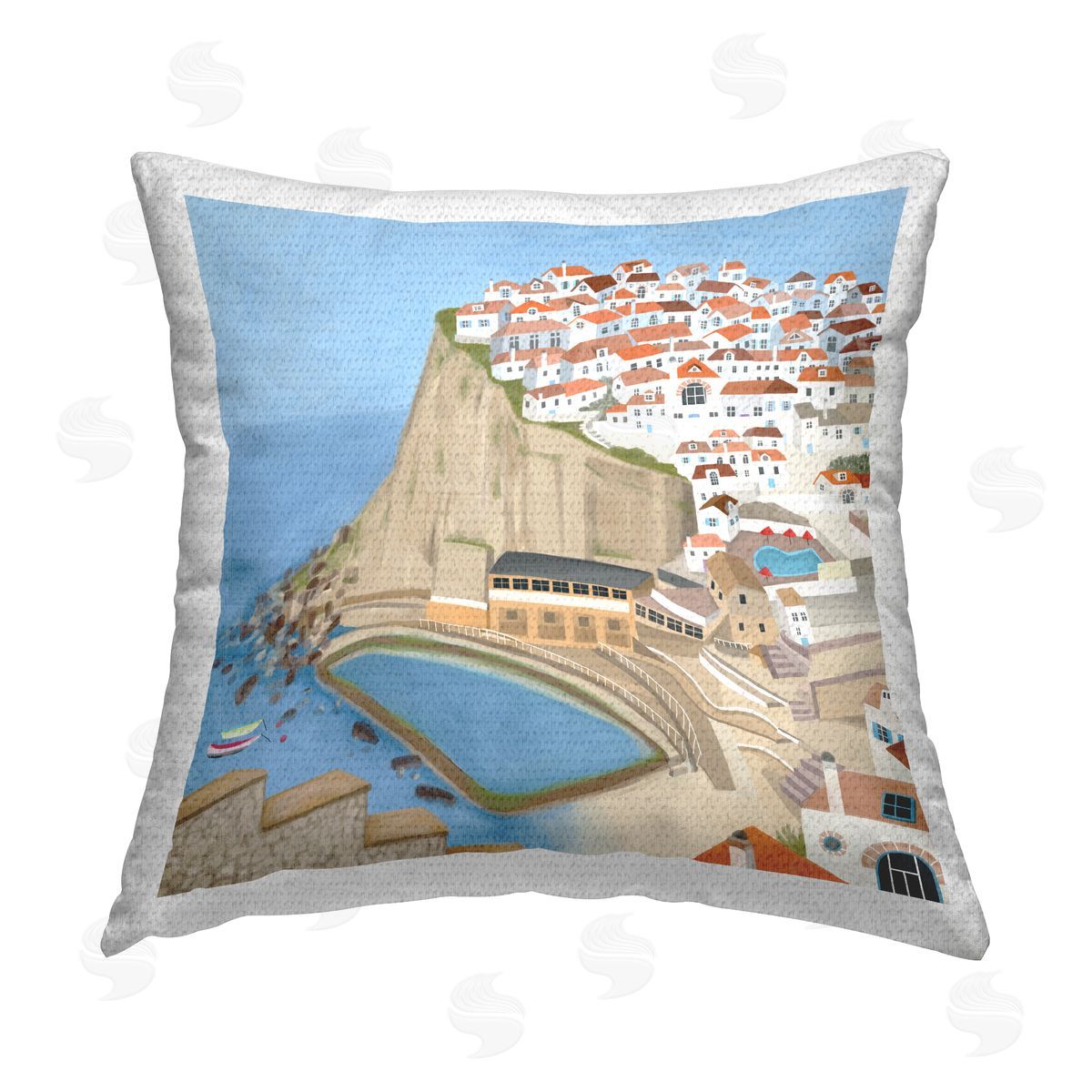 Coastal Cliff Beach Town Outdoor Printed Pillow, Home Decor by Carla Daly