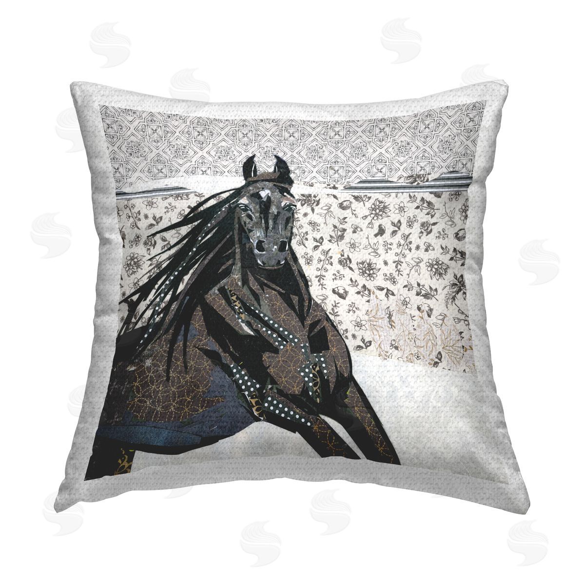 Black Stallion Floral Patterned Outdoor Printed Pillow, Home Decor by Jenny McGee