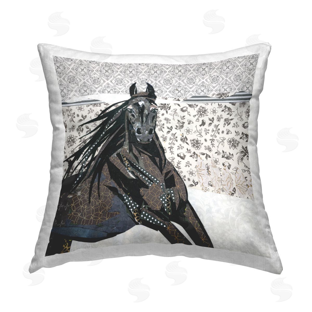 Black Stallion Floral Patterned Decorative Printed Pillow, Home Decor by Jenny McGee