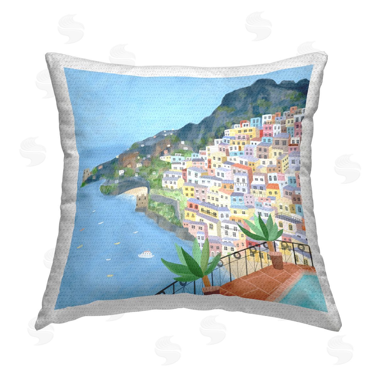 Tropical Ocean View City Buildings Outdoor Printed Pillow, Home Decor by Carla Daly