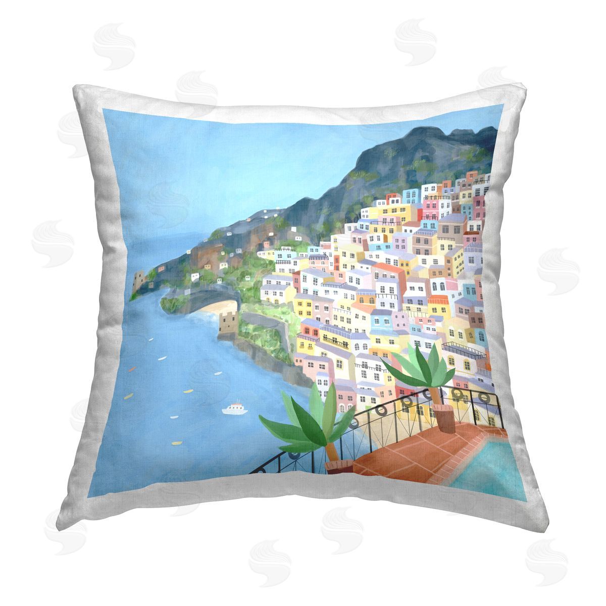 Tropical Ocean View City Buildings Decorative Printed Pillow, Home Decor by Carla Daly