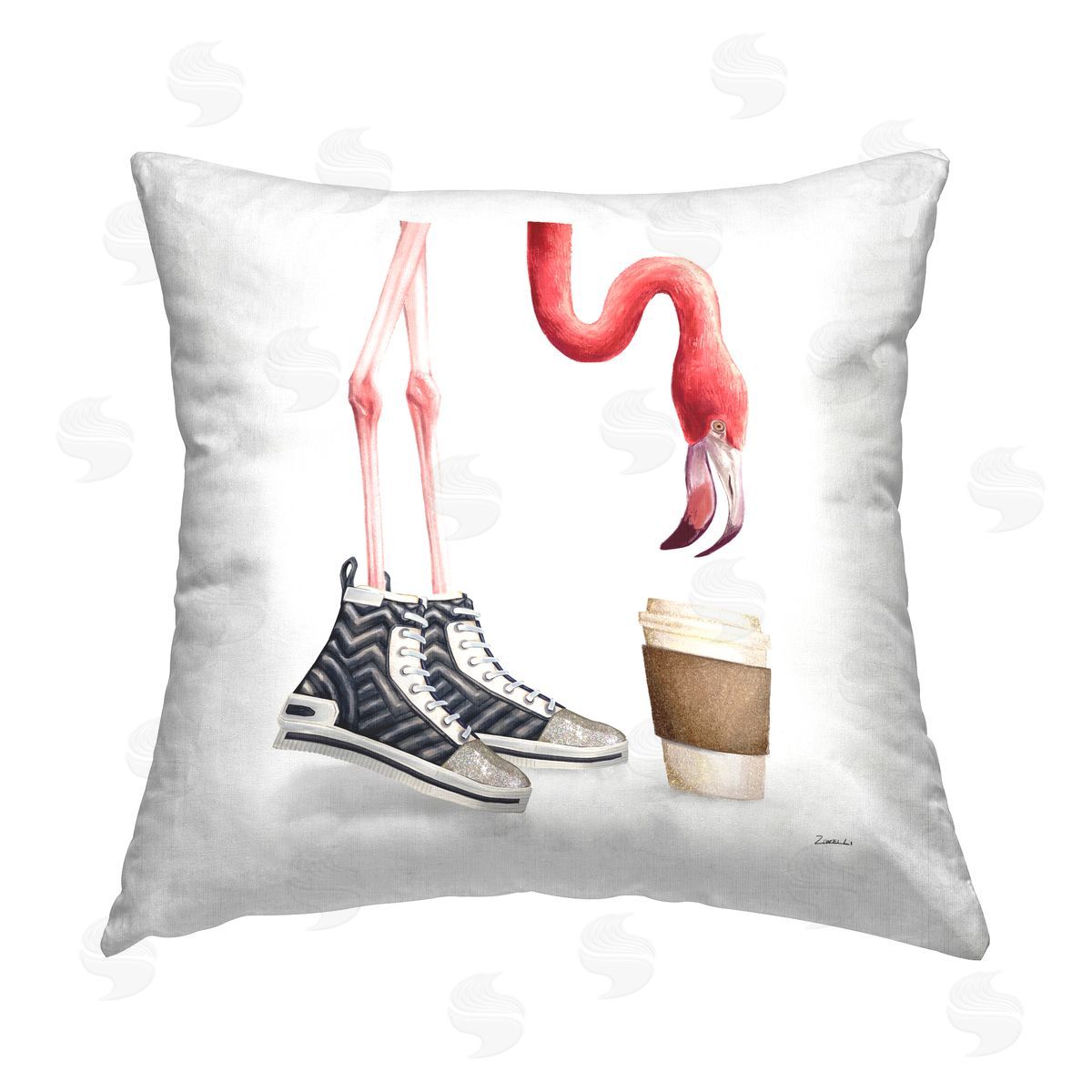 Fun Flamingo Coffee Cup Sneakers Decorative Printed Pillow, Home Decor by Ziwei Li