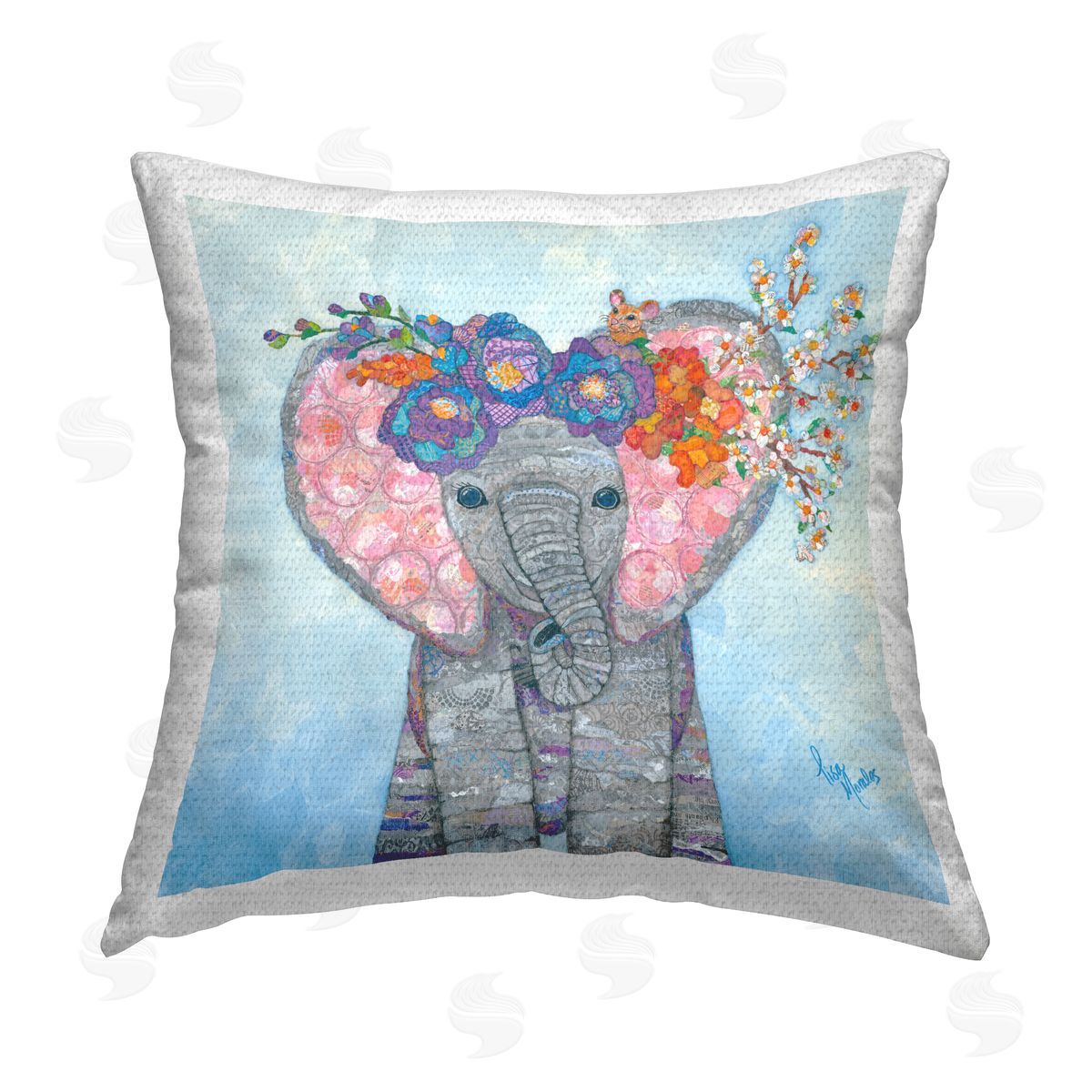 Floral Elephant Patterned Blossoms Outdoor Printed Pillow, Home Decor by Lisa Morales