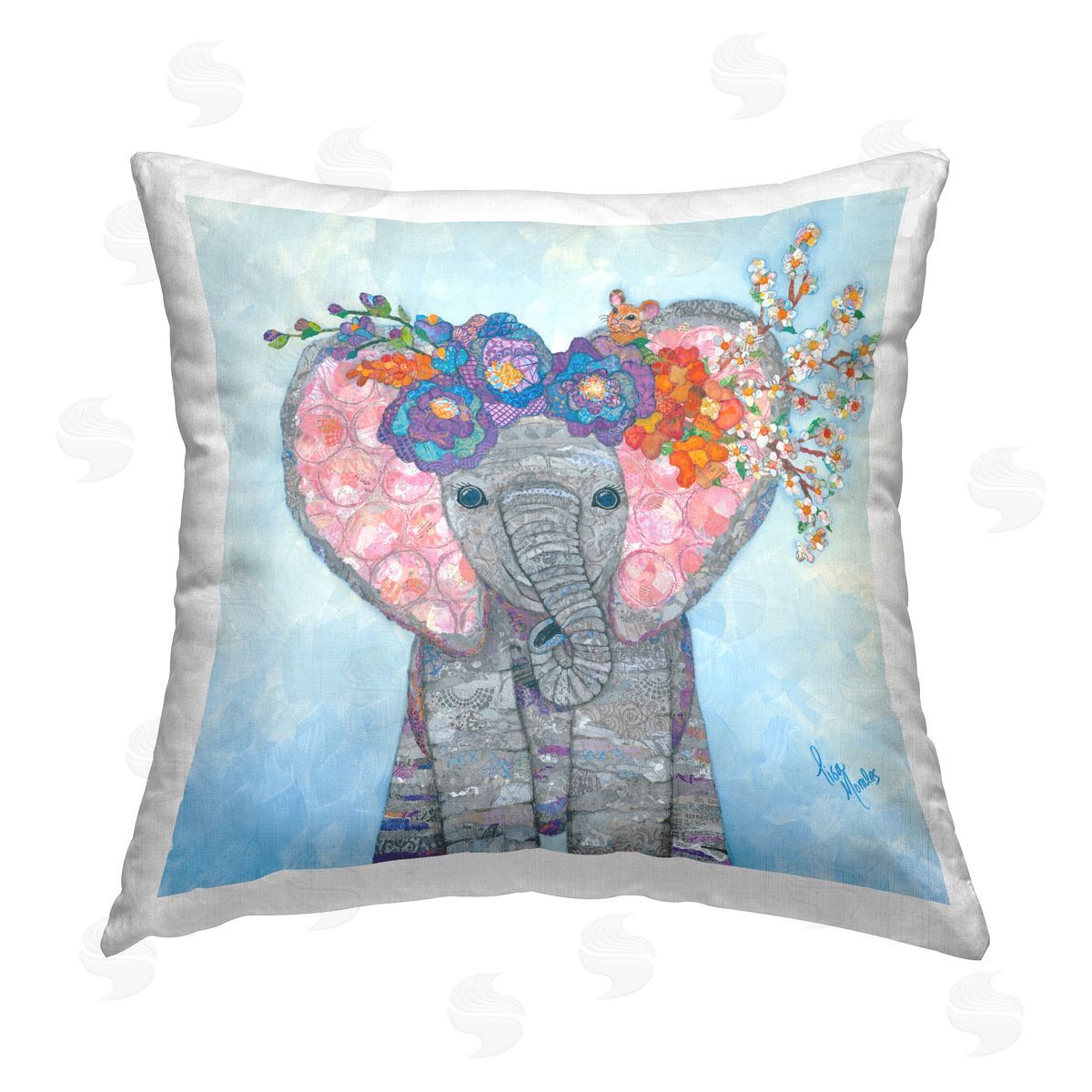 Floral Elephant Patterned Blossoms Decorative Printed Pillow, Home Decor by Lisa Morales